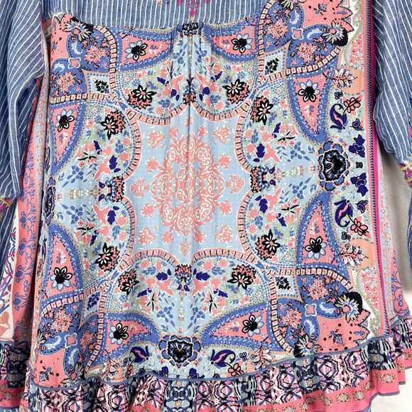 John Mark Linen Embroidered Top Size Large Boho Stripe Split V-Neck - Picture 5 of 7